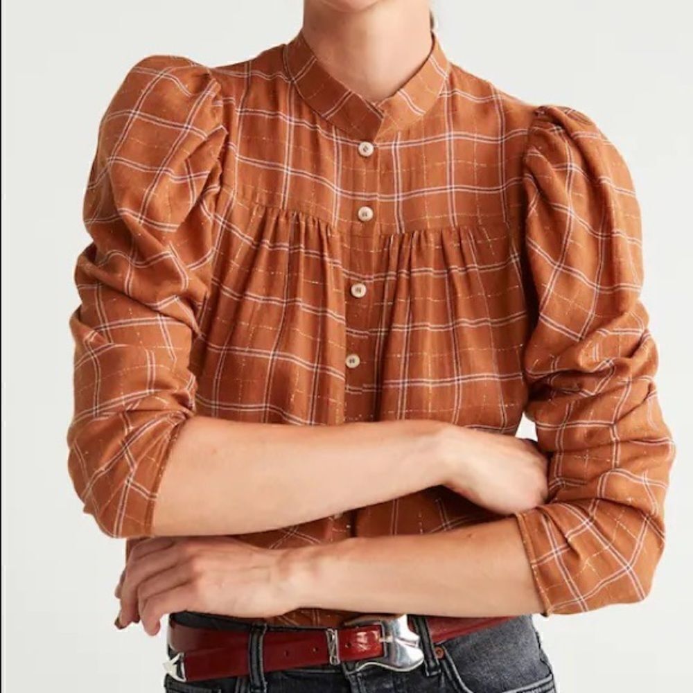 MANGO ORGANIC COTTON BLOUSE BROWN TAN CHECK PRINT GOLD METALLIC THREAD NWT SMALL